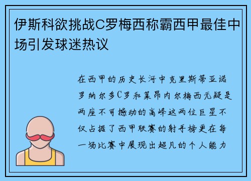 伊斯科欲挑战C罗梅西称霸西甲最佳中场引发球迷热议