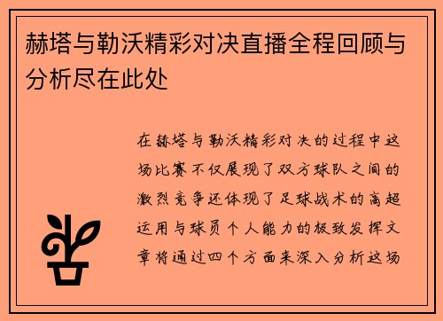 赫塔与勒沃精彩对决直播全程回顾与分析尽在此处
