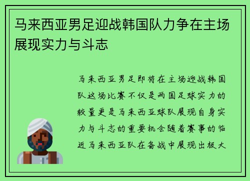 马来西亚男足迎战韩国队力争在主场展现实力与斗志