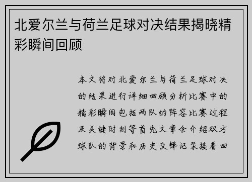 北爱尔兰与荷兰足球对决结果揭晓精彩瞬间回顾