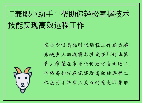 IT兼职小助手：帮助你轻松掌握技术技能实现高效远程工作