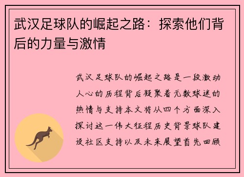 武汉足球队的崛起之路：探索他们背后的力量与激情