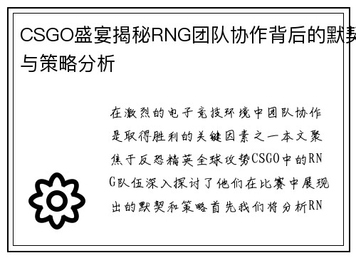 CSGO盛宴揭秘RNG团队协作背后的默契与策略分析