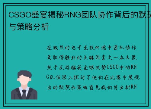 CSGO盛宴揭秘RNG团队协作背后的默契与策略分析