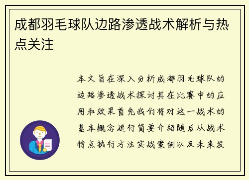 成都羽毛球队边路渗透战术解析与热点关注